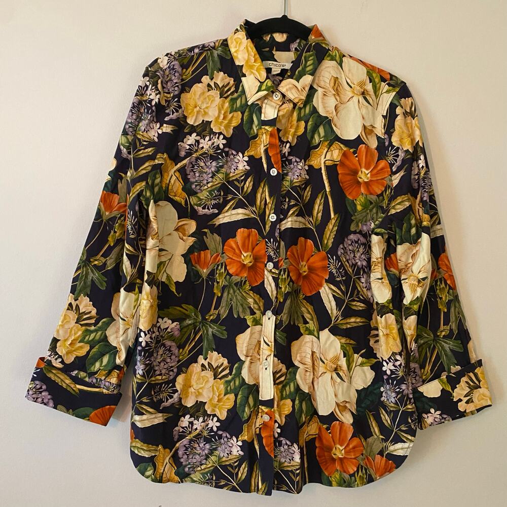 Chico's Navy Floral No Iron Allover Print Button Down 3/4 Sleeve Shirt 2 / 12